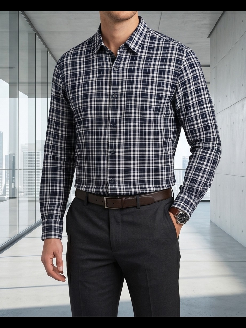 Michael Kors Navy and White Plaid Dress Shirt
